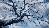Snowy branches of a tree against a solid color background. AI generated