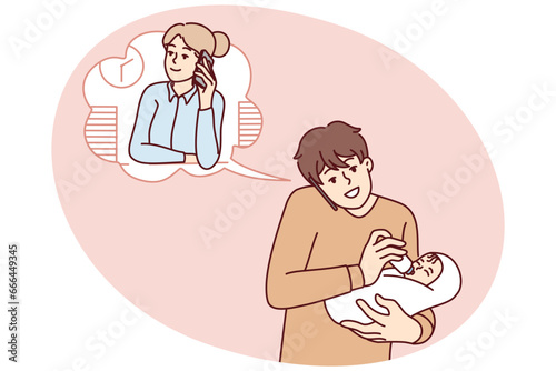 Young father feed baby infant talk with wife working in office on phone. Caring dad with child in hands have call with businesswoman mom. Vector illustration.