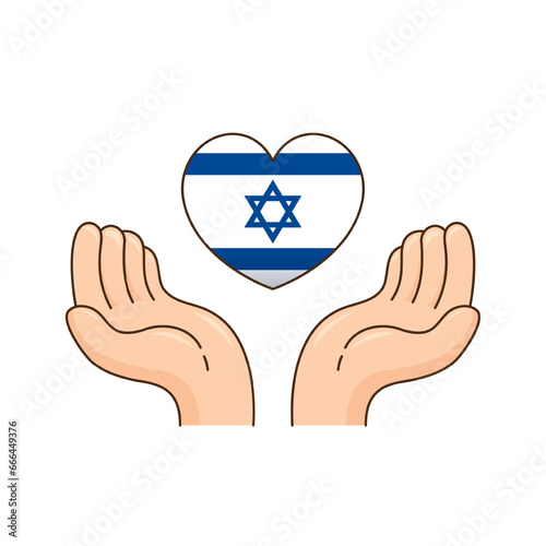 Hand save Israel flag on heart shape illustration vector graphic.