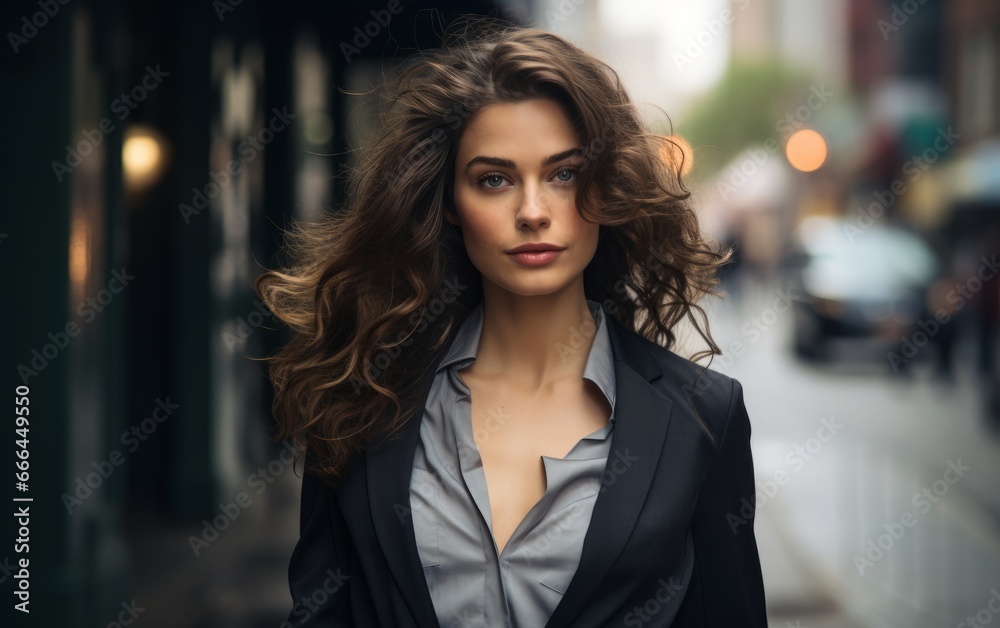 Obraz premium The portrait of self confident, strong and fashionable business woman in the big city streets