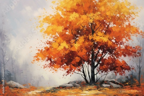 Original landscape painting of autumn tree with foliage in impressionistic style. Generative AI