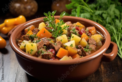 hearty stew in a bowl, garnished with herbs
