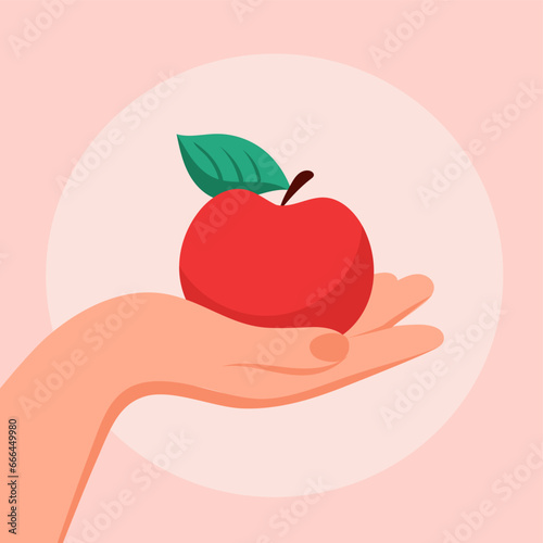 Eat a red apple day. Apple in hand banner