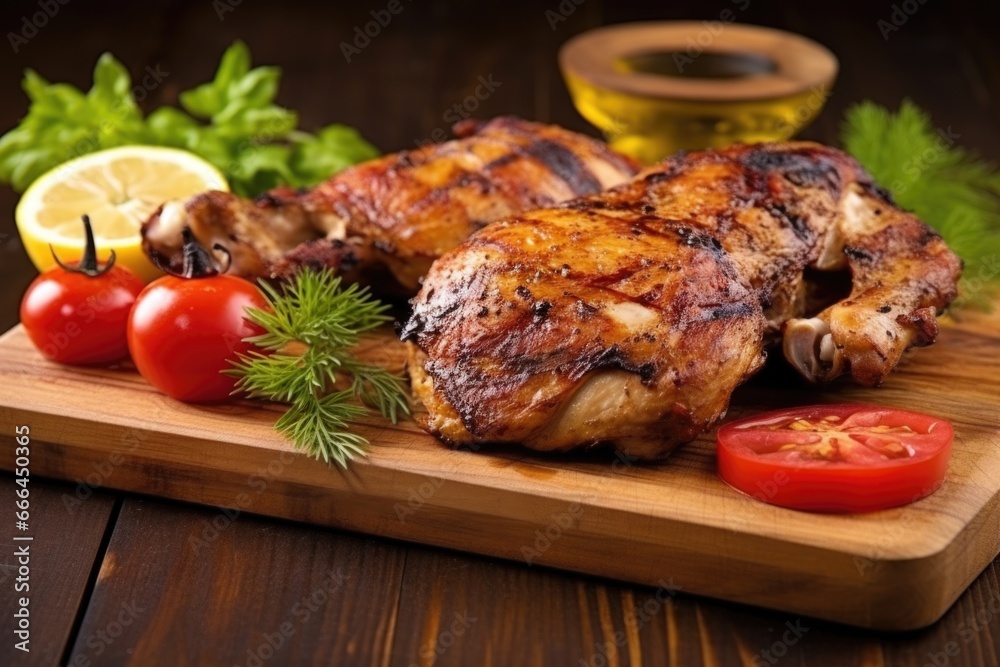 grilled chicken thigh on wooden board grilled chicken thigh on wooden board
