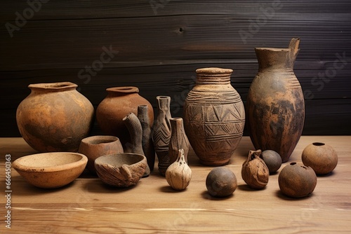 neolithic pottery pieces arranged on a wooden surface photo