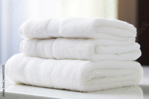 a stack of fluffy towels folded in a bathroom