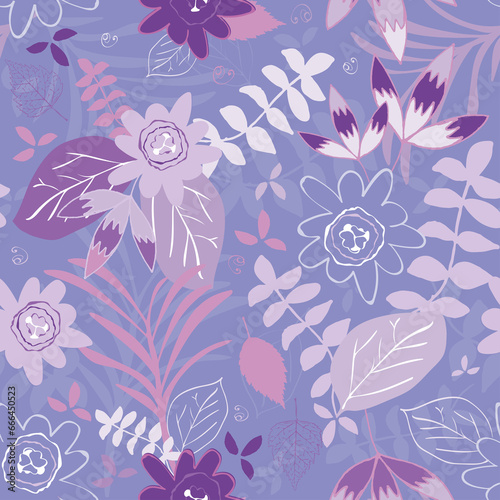 Simple Lilac Floral Hand Drawn Seamless Pattern Swatch. Fine Background All Over Wallpaper Design. © LotusBlanc