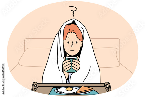 Woman in blanket sit in bed feel cold drink hot tea eating breakfast. Pensive girl in cover suffer from low temperatures indoors warm with food and coffee. Vector illustration.