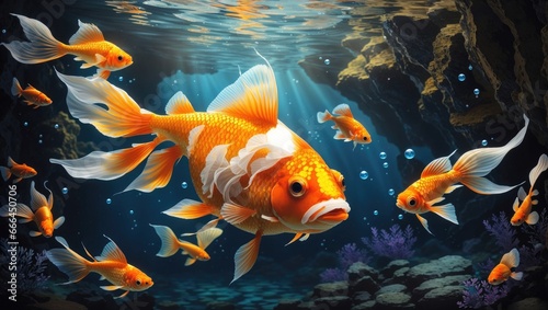 "Golden Elegance: A Highly Detailed Digital Painting of a Glorious Fish in an Underwater Oasis"