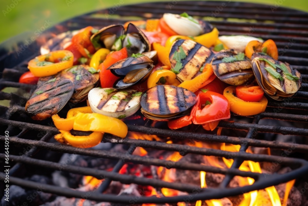 clams and mussels over a grill with visible flames
