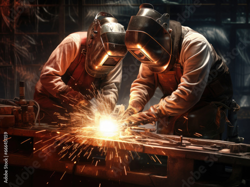 Skilled workers, including welders,mechanic using circular saw grinder at factory.