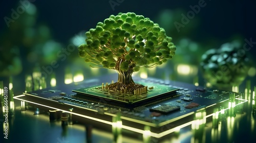 Tree growing on the converging point of computer circuit board. Green computing, Green technology, Green IT, CSR, and IT ethics. Concept of green technology. Environment green technology.