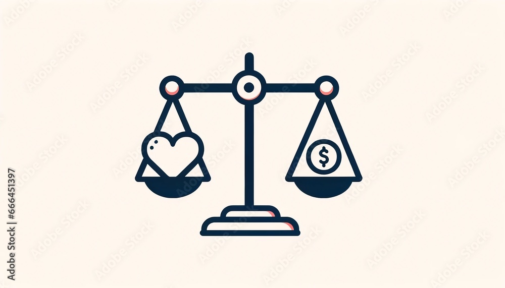 Simple design of a balance scale, with a heart on one side and a coin on the other, representing the balance between human value and material wealth on a plain background. Simple design of a balance scale, with a heart on one side and a coin on the other, representing the balance between human value and material wealth on a plain background.