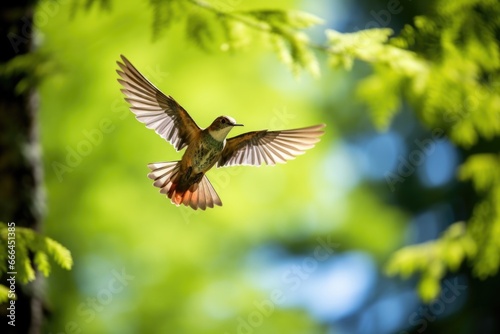 a bird flying free over a forest