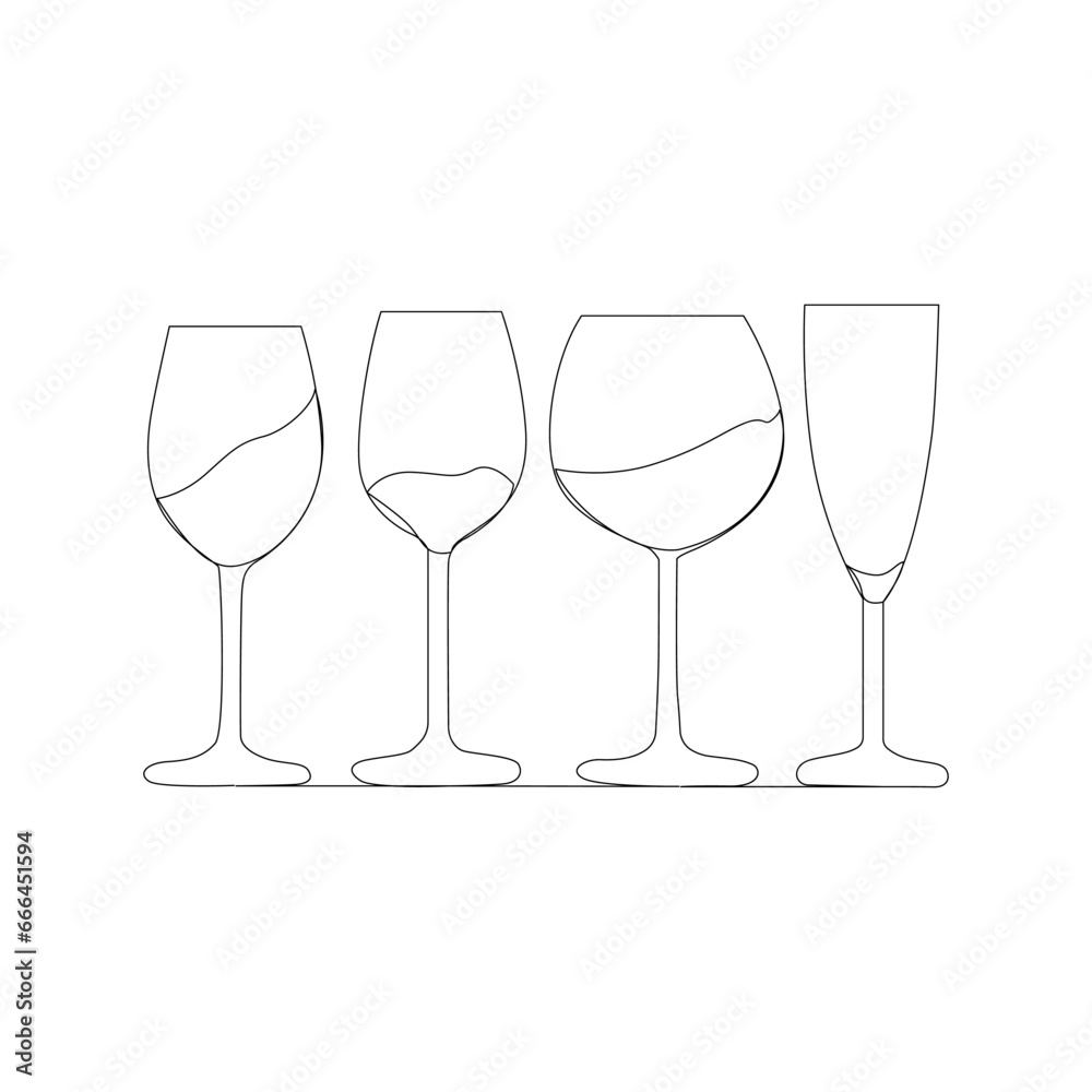 Continuous one line art wine glass vector illustration 