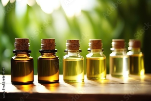 a neat line of essential oil bottles under soft lighting