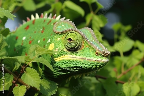 chameleon changing its color on a green bush