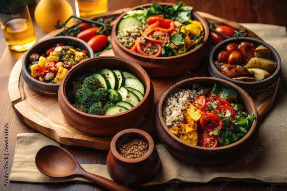 vegan meal prepped in wooden bowls