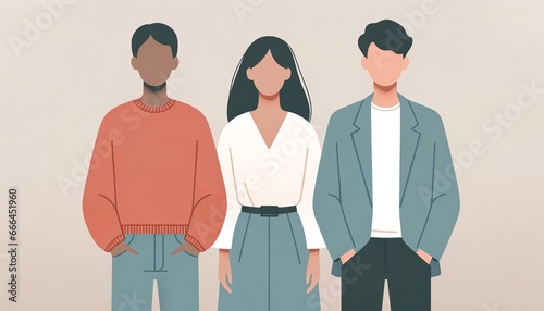 Flat illustration of three diverse individuals, two males and one female, of different skin tones standing side by side on a muted background