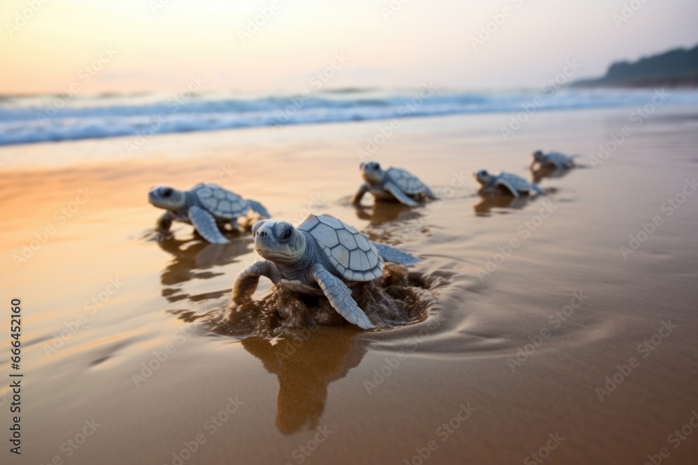 hatchling turtles crawling towards ocean waves hatchling turtles crawling towards ocean waves
