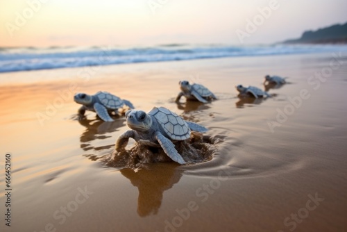Canvas-taulu hatchling turtles crawling towards ocean waves