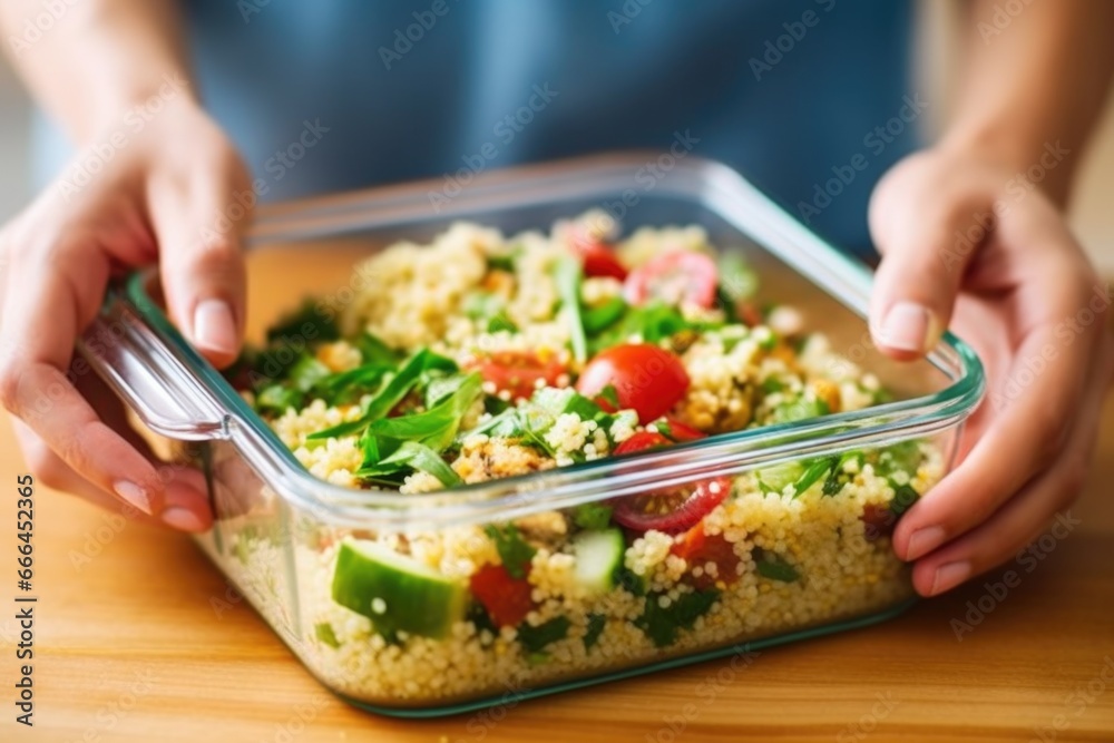 hand placing couscous salad in a to-go lunch box