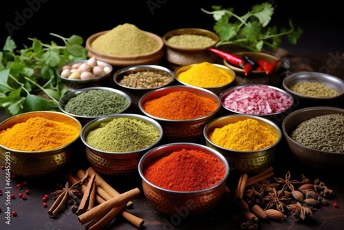 assortment of indian spices in various dishes