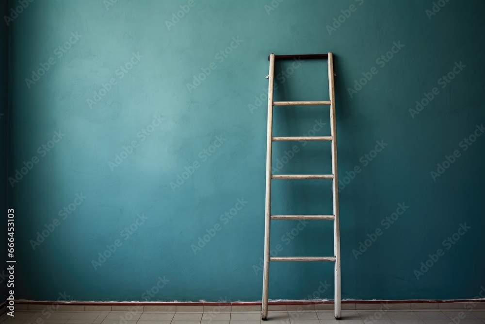 a ladder leaned against a wall, the top out of frame