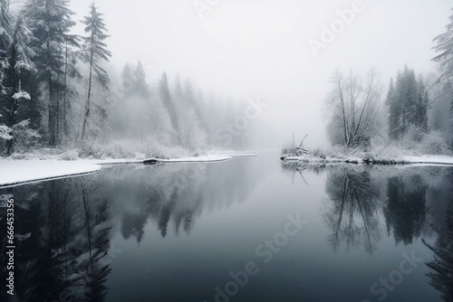 Beautiful winter landscape with snowy woods, serene lake, and misty sky. Generative AI