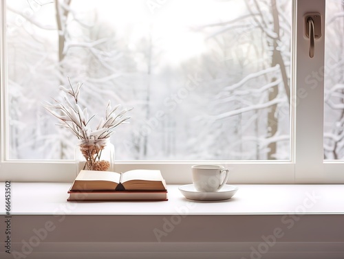cozy image of a cup of coffee and a book next to a window, through which you can see a snowy winter landscape.