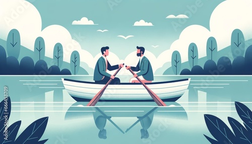 Flat illustration of two diverse individuals rowing a boat together, symbolizing teamwork and collaboration against a calm waterscape backdrop. photo
