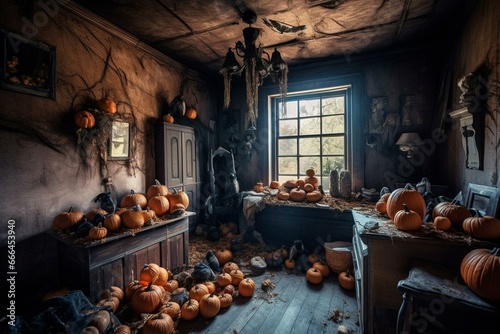 Spooky Halloween decor in eerie house with pumpkins. Generative AI
