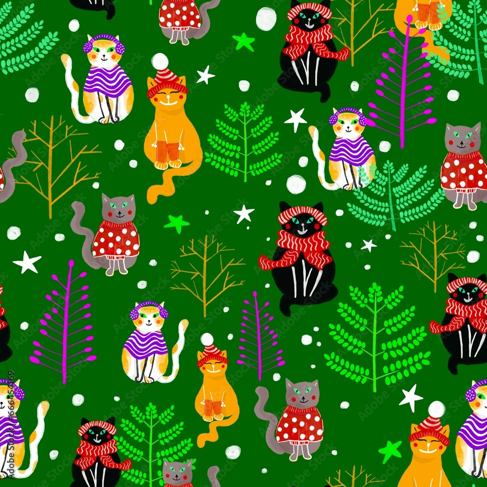 Cute little happy Cats with winter Clothes seamless pattern. Different cats sitting with clothes, scarf, and cap.