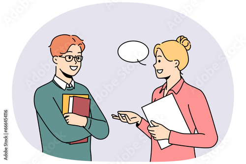 Smiling businesspeople with speech bubble above head communicate in office. Happy employees or colleagues talk discuss ideas. Vector illustration.