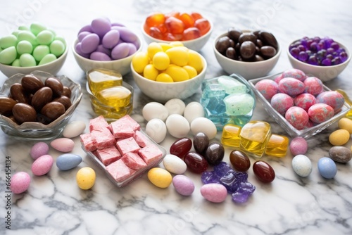 array of easter candies arranged by color on a marble countertop