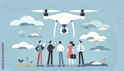 Simple flat design of three diverse characters examining a drone in flight, emphasizing collaboration, curiosity, and technological advancements against a clear sky