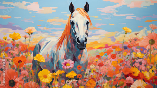 Horse with his foul in a field of flowers