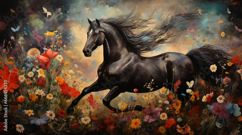 Horse with his foul in a field of flowers