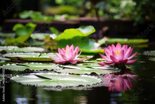 close image of water lily with lily pads in pond