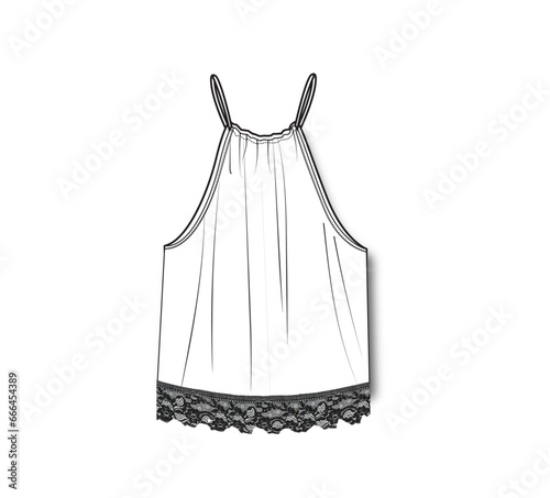 women,drawstring, lace trim hem top fashion technical drawing vector,fashion flat