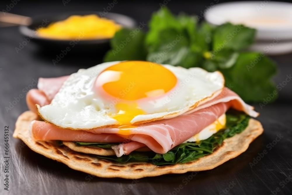 hand layering pita bread with fried egg and ham