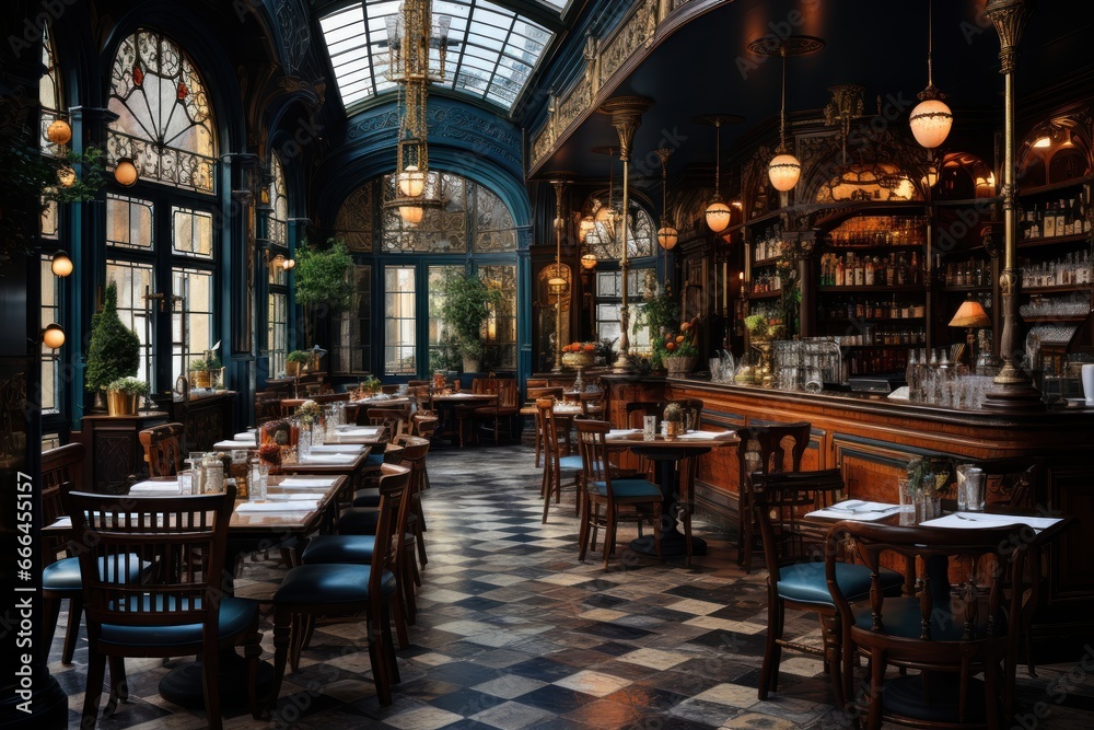 Italian Restaurant. Restaurant interior with tables and chairs. Vintage toned image. Traditional Italian Kitchen.