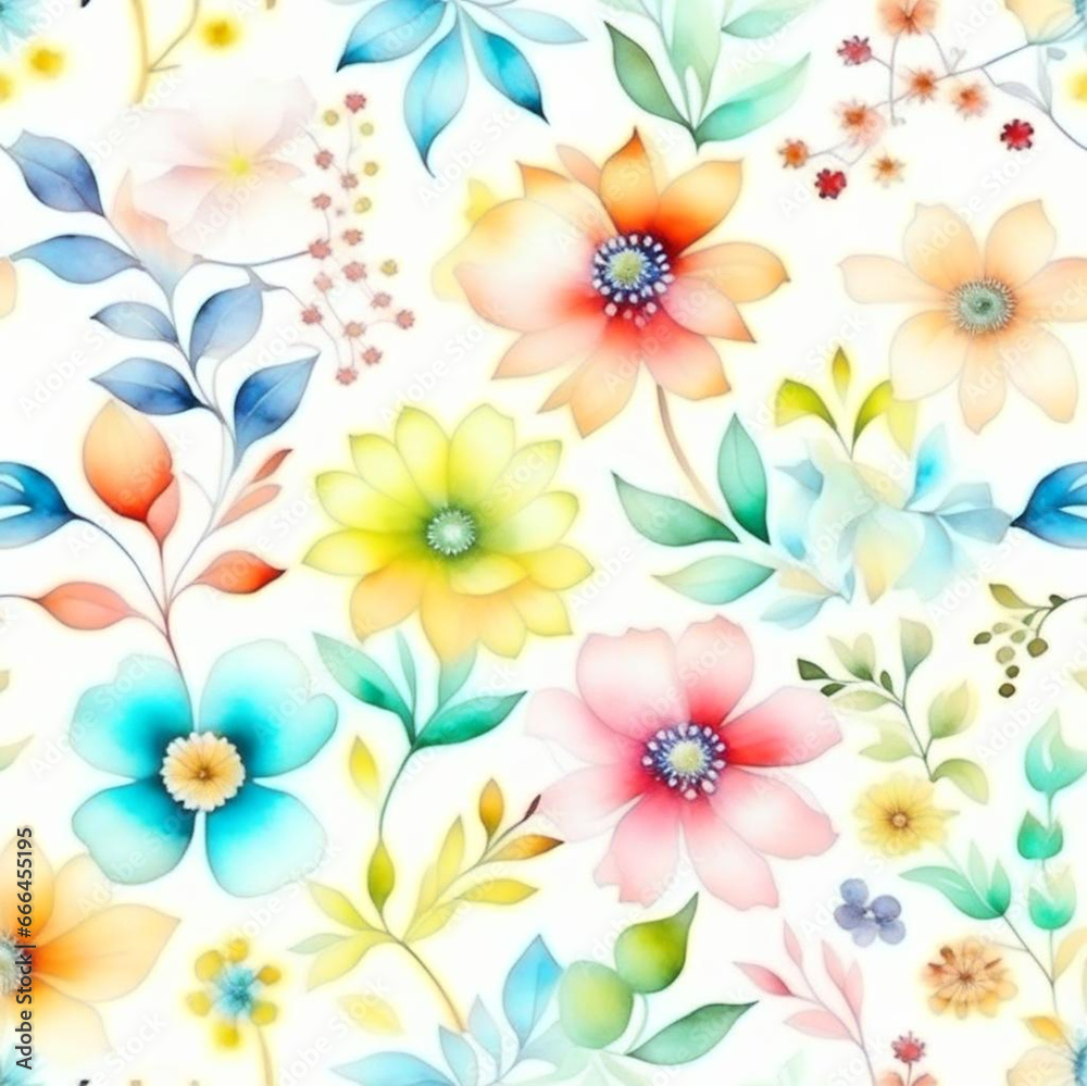 Obraz premium Pastel watercolor flowers with stems and leaves. Watercolor art background.