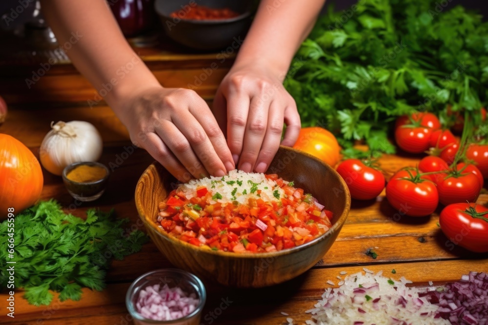 hand adding fermented salsa to a bowl of rice