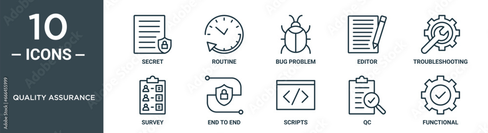 quality assurance outline icon set includes thin line secret, routine ...