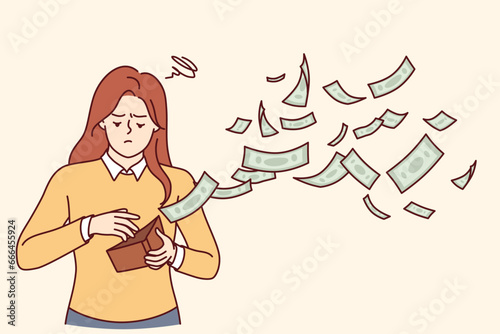 Woman is sad because of money flying out of wallet, symbolizing unplanned expenses or interest on loan. Frustrated girl needs financial literacy courses to learn how to save money. photo
