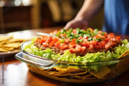 layering refried beans onto a plate as part of a 7-layer dip