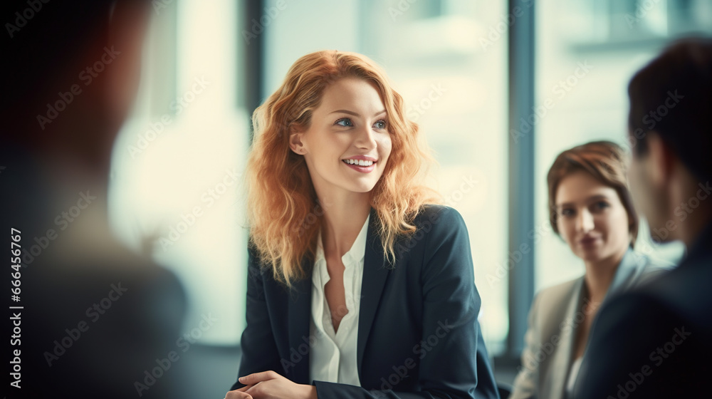 Young Happy Businesswoman with Ginger Hair Engaged in Office Meeting or Training Event Young Happy Businesswoman with Ginger Hair Engaged in Office Meeting or Training Event