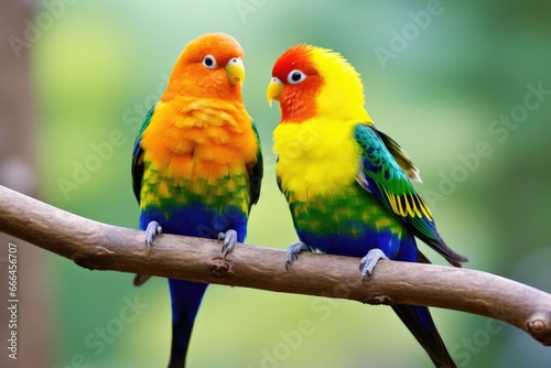 a pair of colorful birds perched on branch