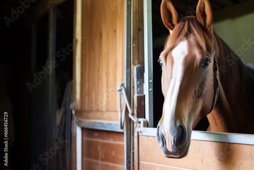 a horse looking at another through a stable partition